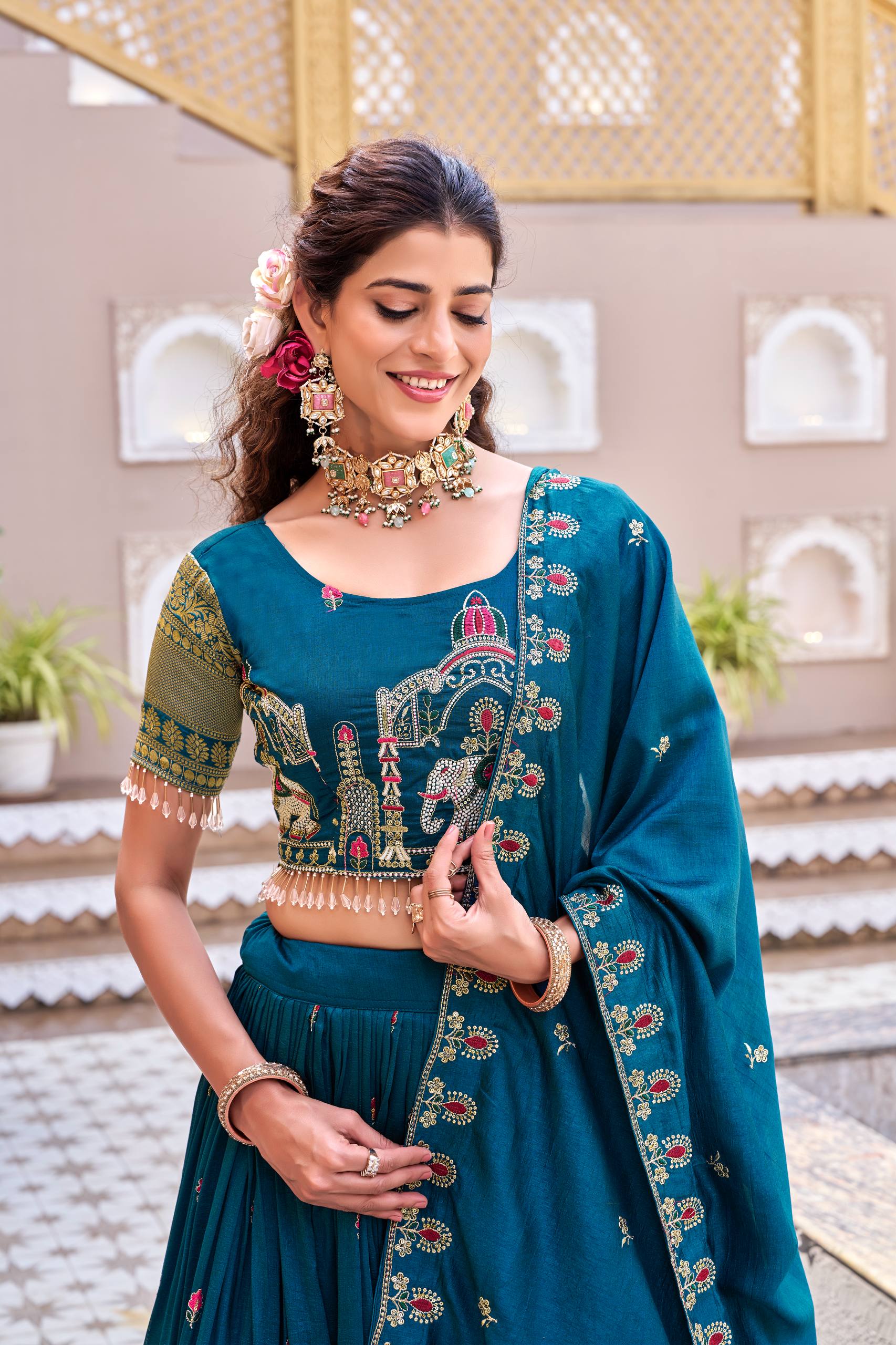 South Collection Pure Vichitra Silk Heavy Sequence & Thread Work Fully Stitched Lehenga Choli