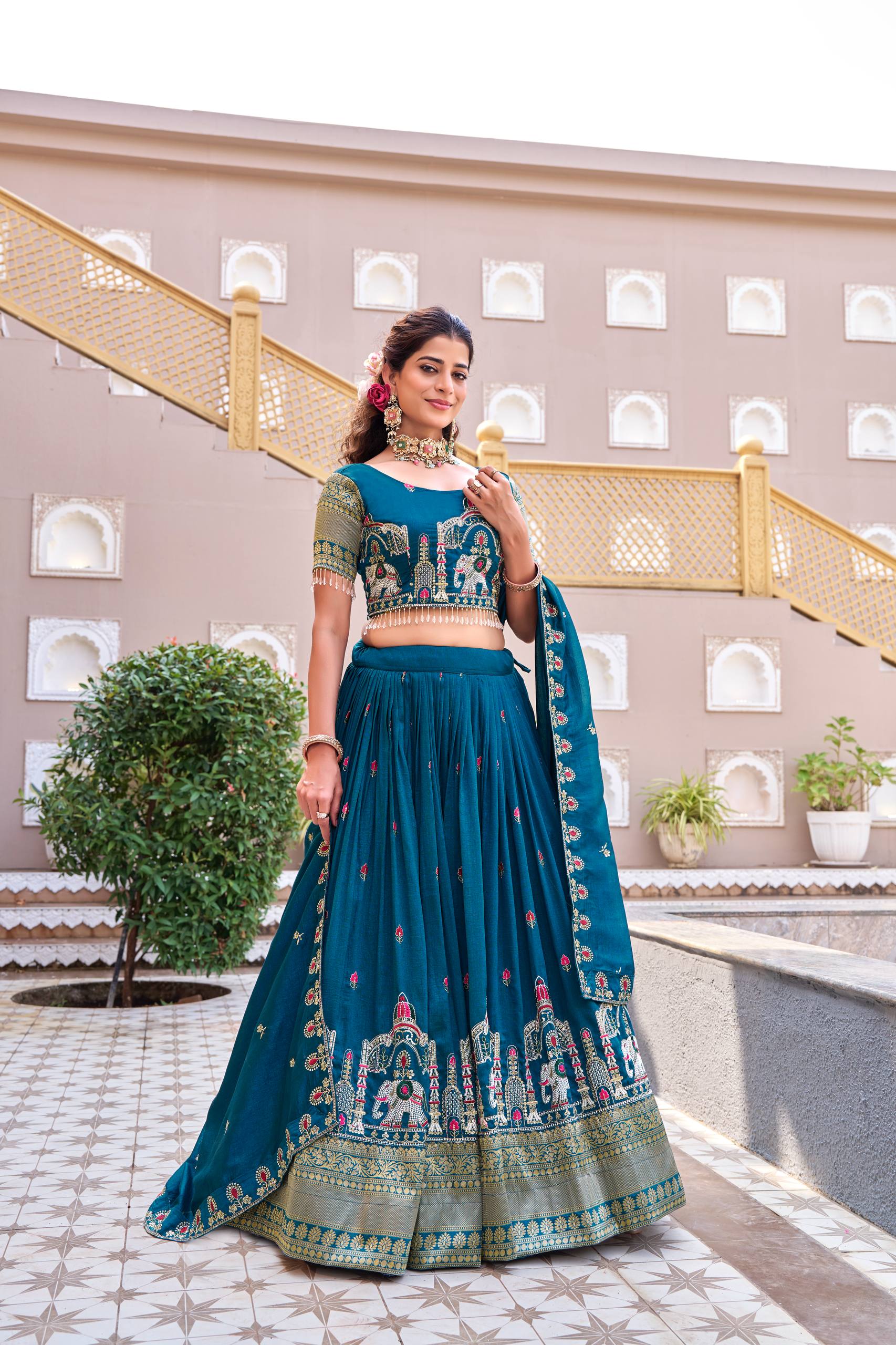 South Collection Pure Vichitra Silk Heavy Sequence & Thread Work Fully Stitched Lehenga Choli