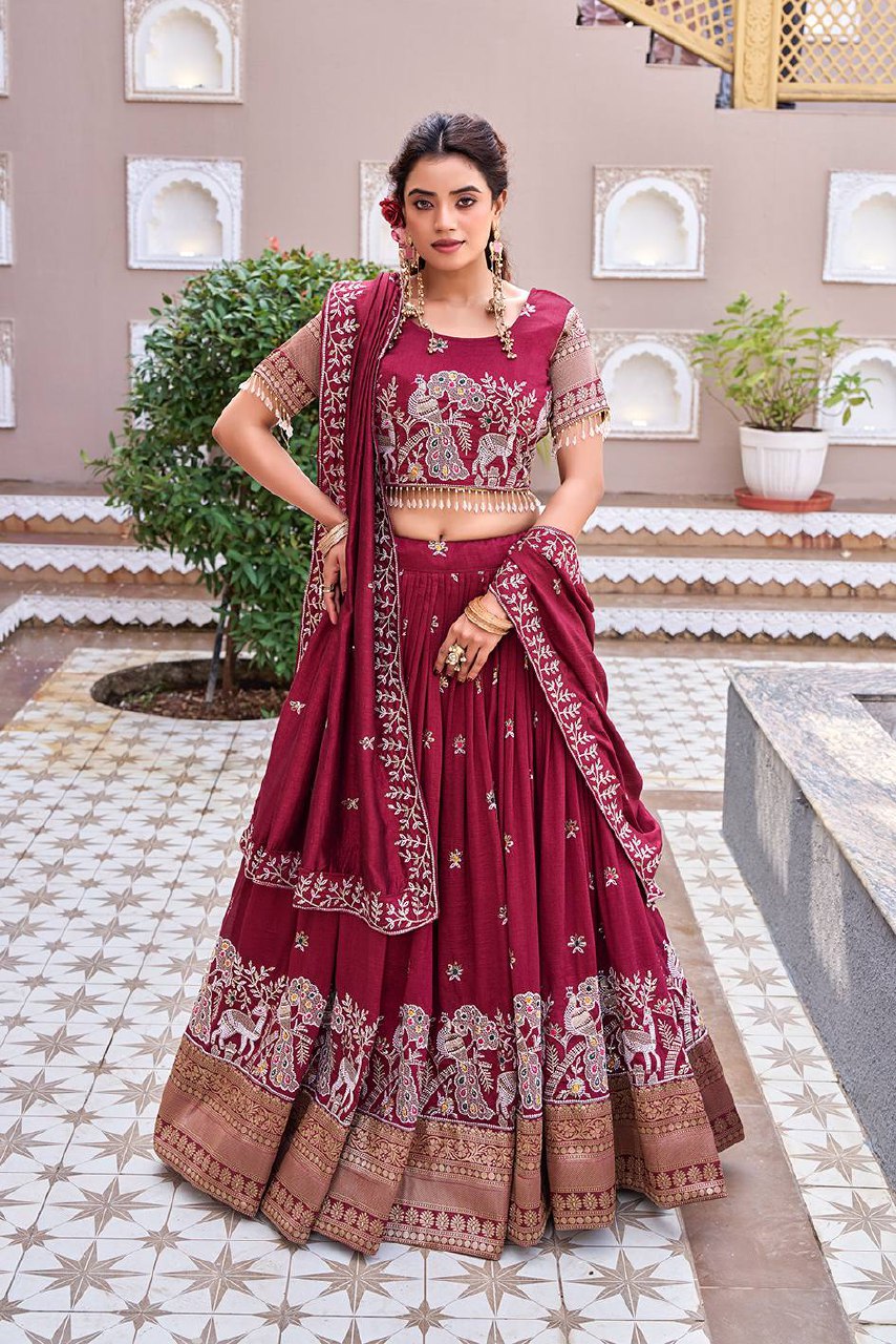 South Collection Pure Vichitra Silk Heavy Sequence & Thread Work Fully Stitched Lehenga Choli
