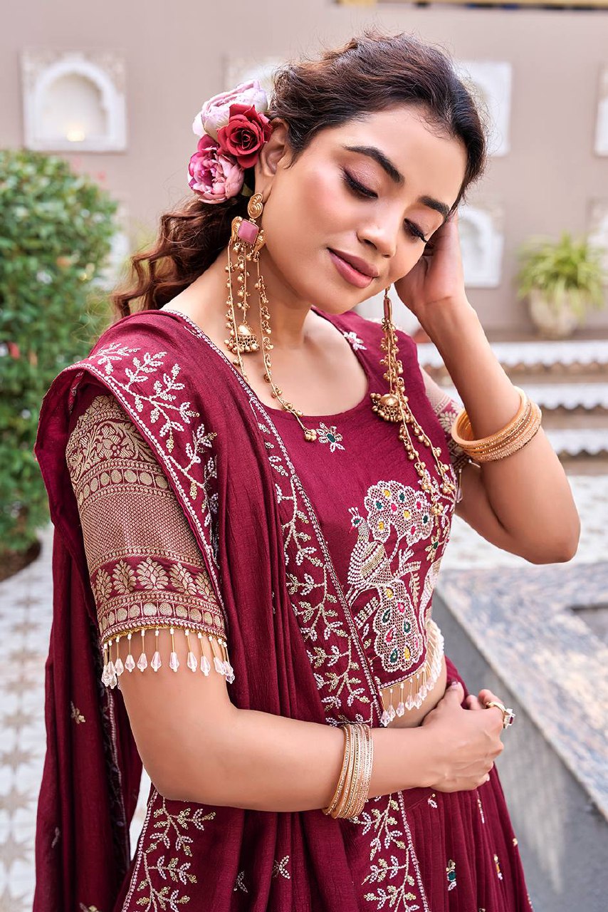 South Collection Pure Vichitra Silk Heavy Sequence & Thread Work Fully Stitched Lehenga Choli