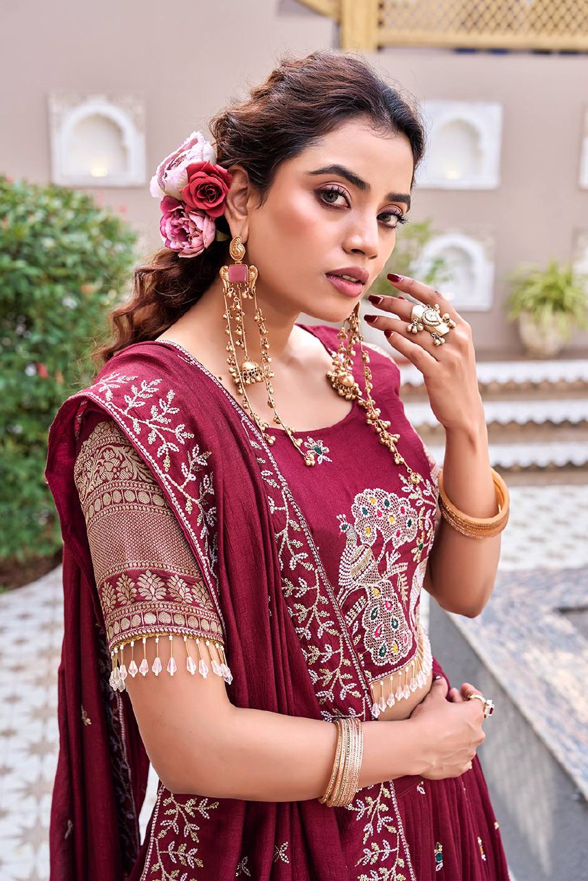 South Collection Pure Vichitra Silk Heavy Sequence & Thread Work Fully Stitched Lehenga Choli