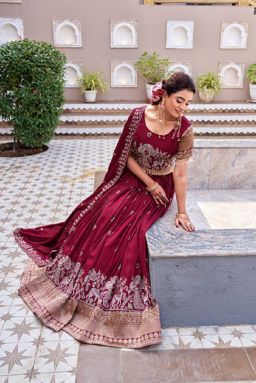 South Collection Pure Vichitra Silk Heavy Sequence & Thread Work Fully Stitched Lehenga Choli
