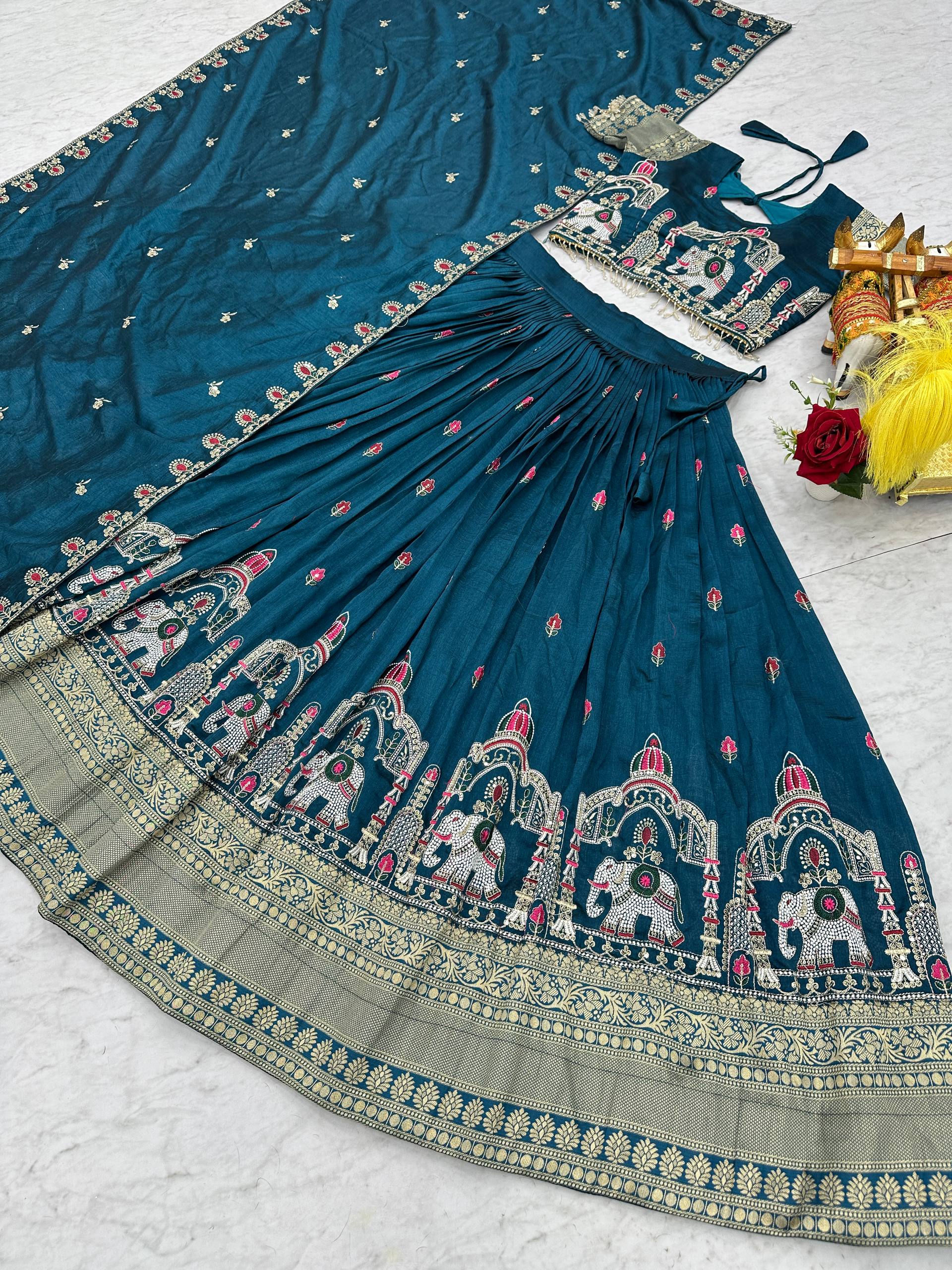 South Collection Pure Vichitra Silk Heavy Sequence & Thread Work Fully Stitched Lehenga Choli