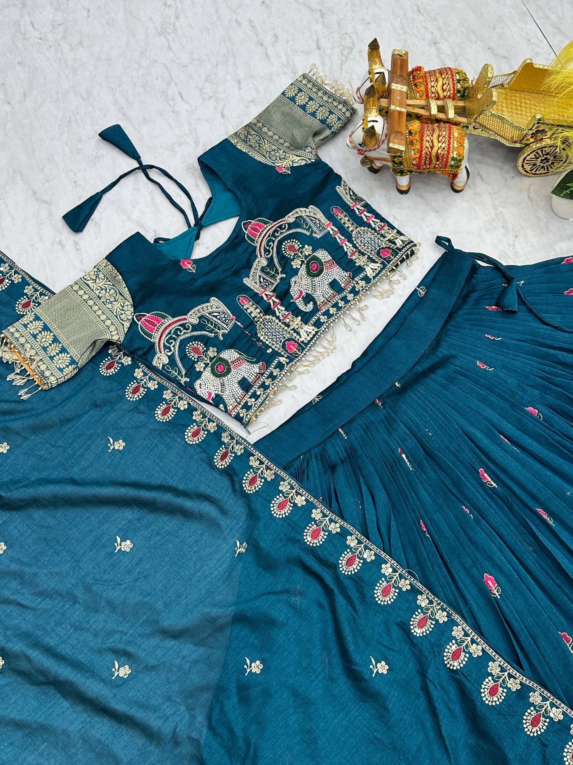 South Collection Pure Vichitra Silk Heavy Sequence & Thread Work Fully Stitched Lehenga Choli