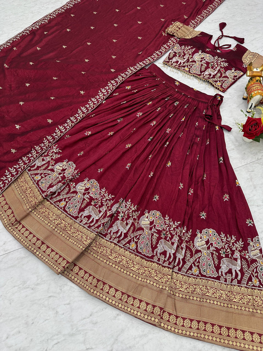 South Collection Pure Vichitra Silk Heavy Sequence & Thread Work Fully Stitched Lehenga Choli