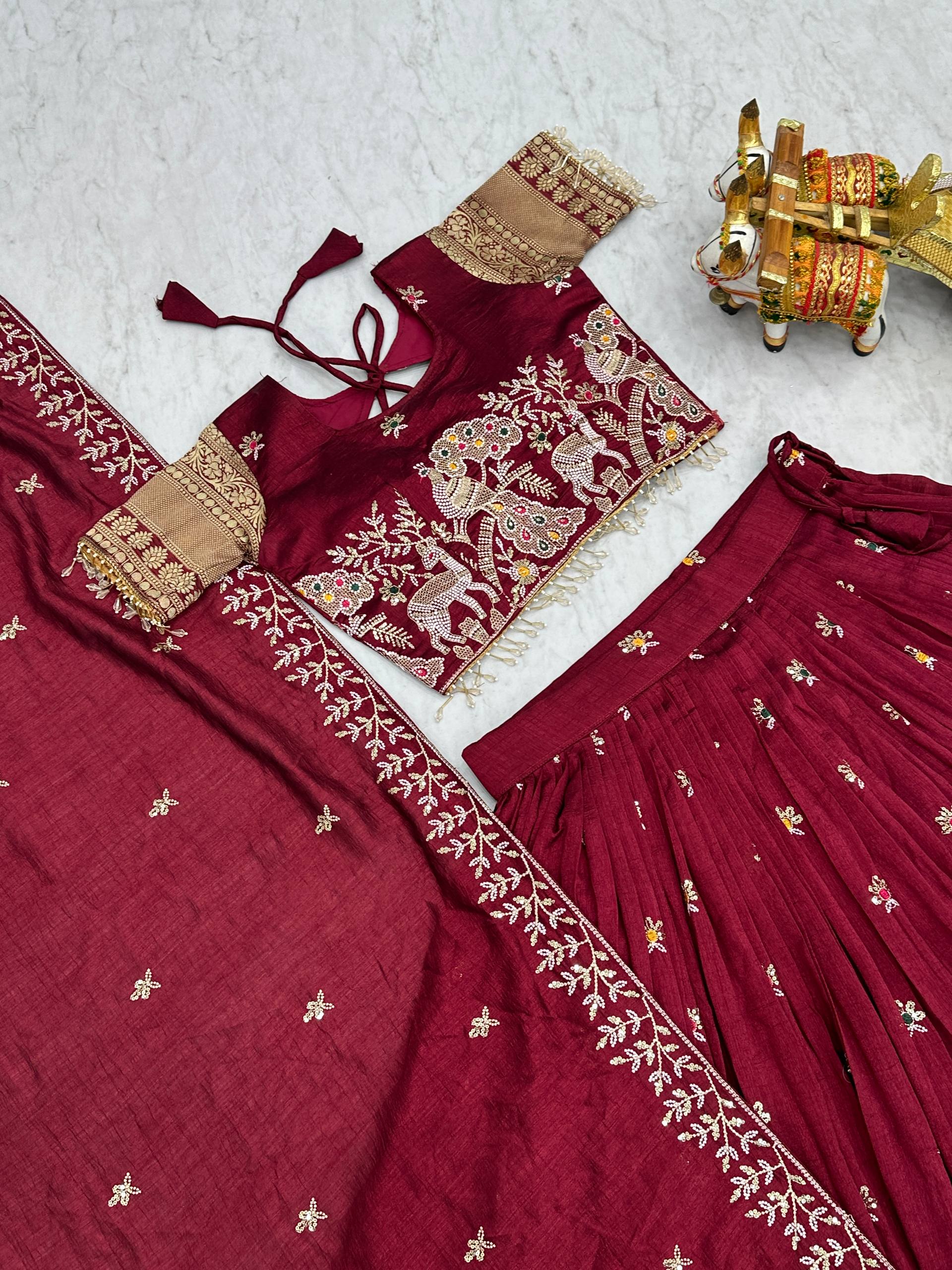 South Collection Pure Vichitra Silk Heavy Sequence & Thread Work Fully Stitched Lehenga Choli