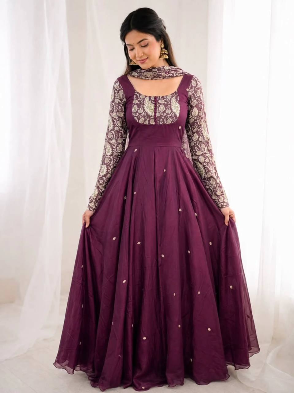 Kalamkriti Sparkling Georgette Embroidered Anarkali Gown with Chanderi Dupatta Set for Women