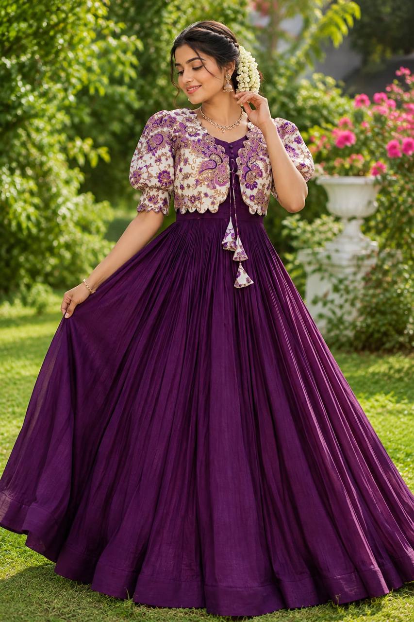 Royal Garden Printed Floral Jacket Coat with Pleated Vichitra Silk Gown Set