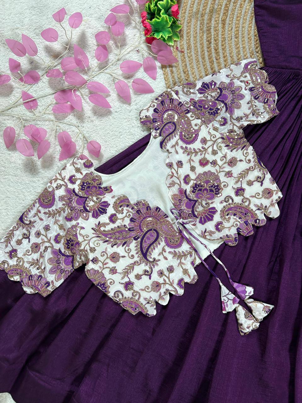 Royal Garden Printed Floral Jacket Coat with Pleated Vichitra Silk Gown Set