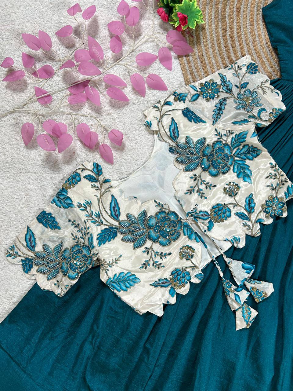 Royal Garden Printed Floral Jacket Coat with Pleated Vichitra Silk Gown Set