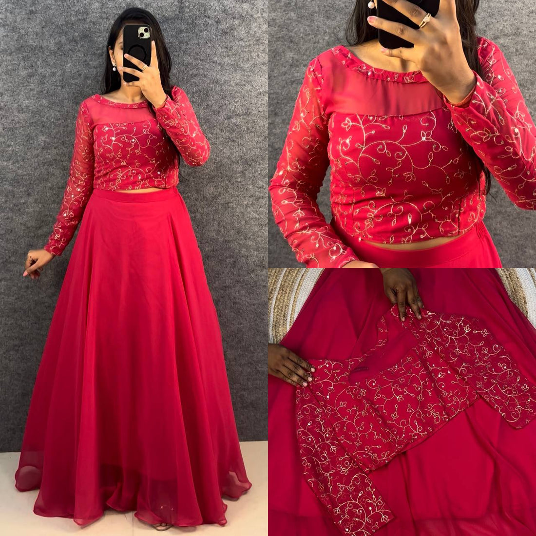 Designer Embroidered Georgette Lehenga Choli Set with Full Sleeve Crop Top