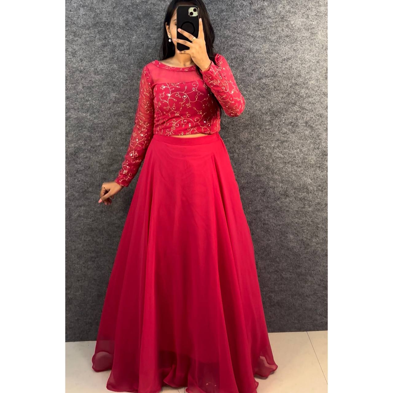 Designer Embroidered Georgette Lehenga Choli Set with Full Sleeve Crop Top