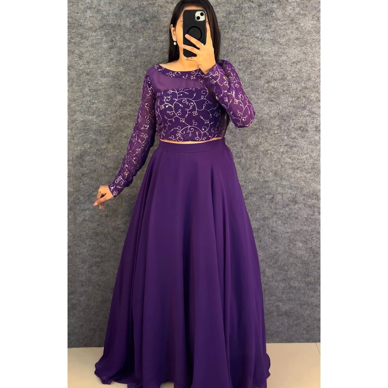 Designer Embroidered Georgette Lehenga Choli Set with Full Sleeve Crop Top