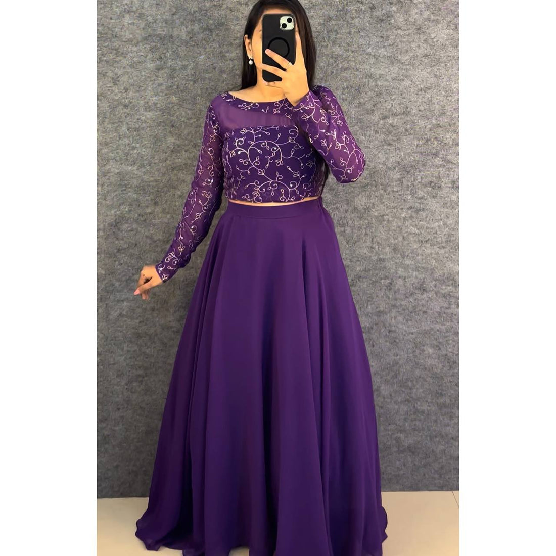 Designer Embroidered Georgette Lehenga Choli Set with Full Sleeve Crop Top
