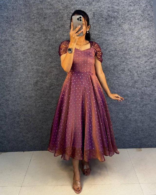 Designer Dual Tone Tissue Silk Butti Midi Gown with Corset Tie-Up Back for Women