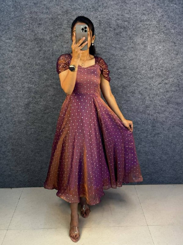 Designer Dual Tone Tissue Silk Butti Midi Gown with Corset Tie-Up Back for Women