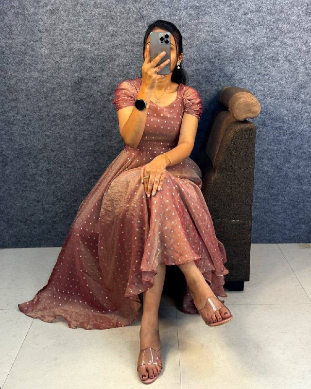 Designer Dual Tone Tissue Silk Butti Midi Gown with Corset Tie-Up Back for Women