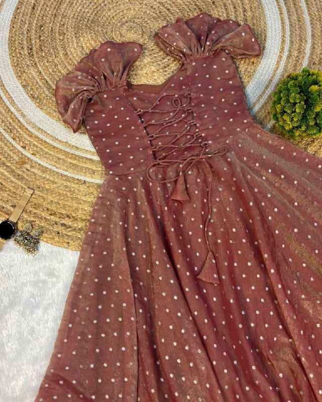 Designer Dual Tone Tissue Silk Butti Midi Gown with Corset Tie-Up Back for Women