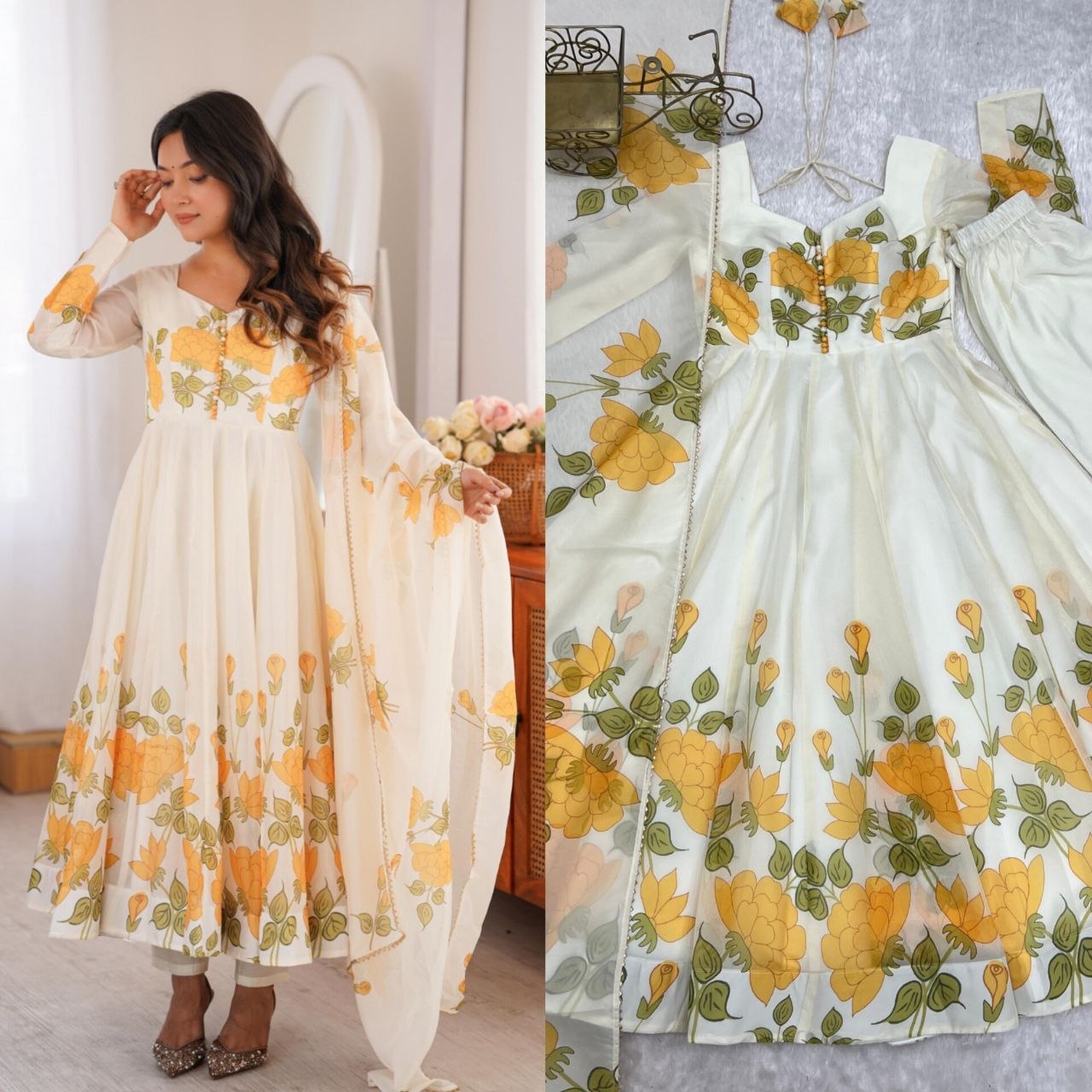Heavy Pure Soft &nbsp;Organja Silk Floral Print Anarkali Gown