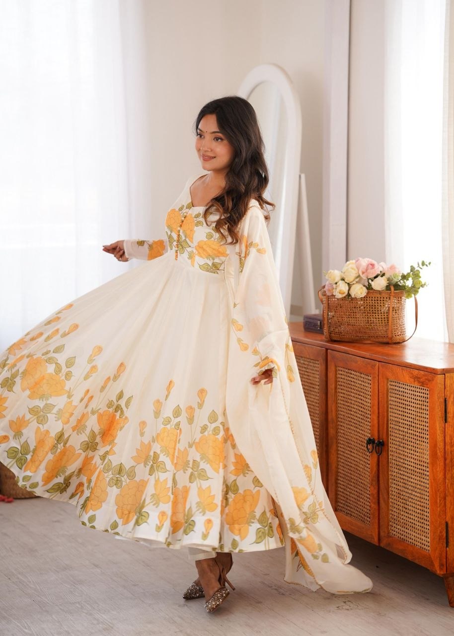 Heavy Pure Soft &nbsp;Organja Silk Floral Print Anarkali Gown