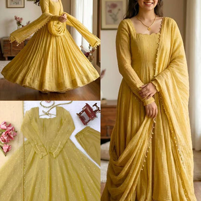 Designer Salsa Silk Foil Work Gown Set with Stitched Pant and Dupatta
