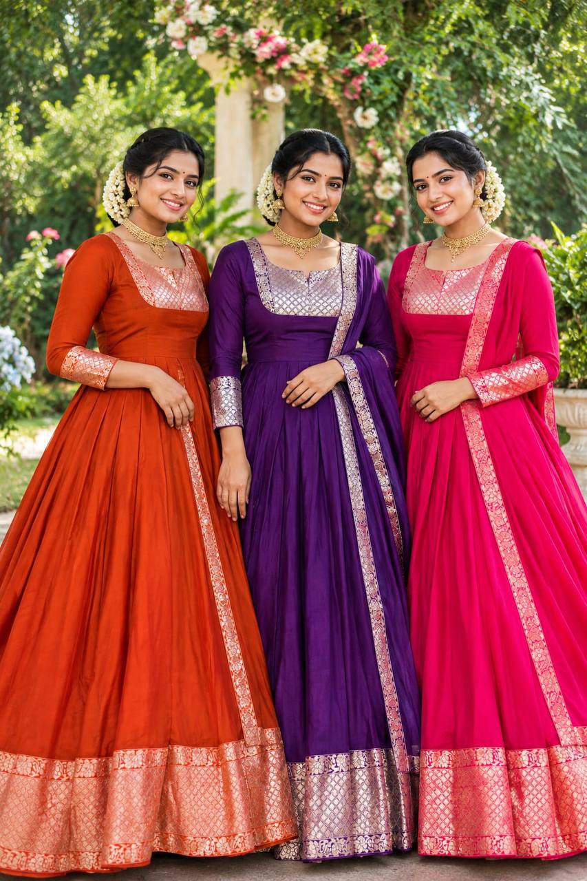 Royal Trio Contrast Vichitra Silk Flared Gown Set with Voni Dupatta