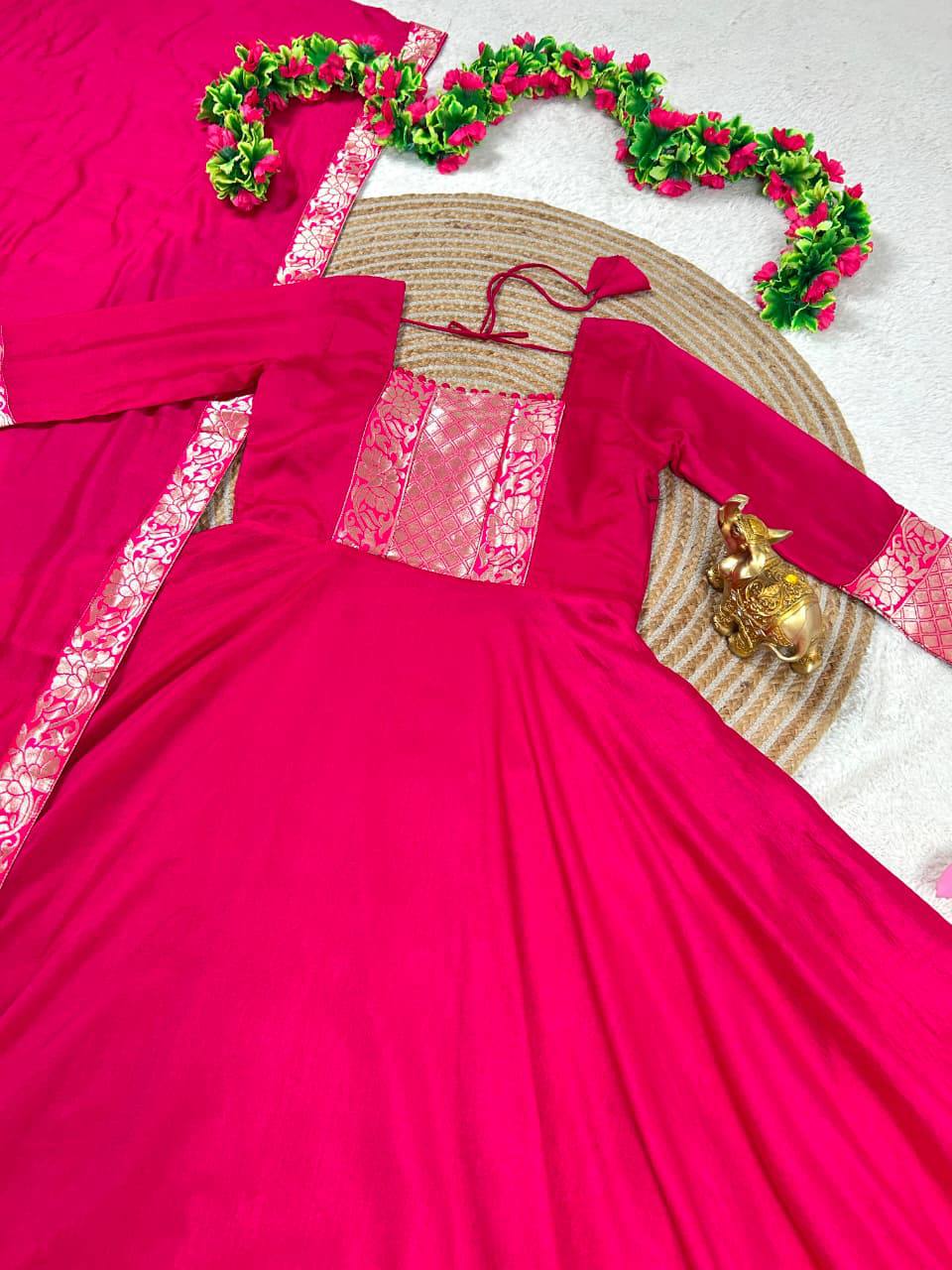 Royal Trio Contrast Vichitra Silk Flared Gown Set with Voni Dupatta