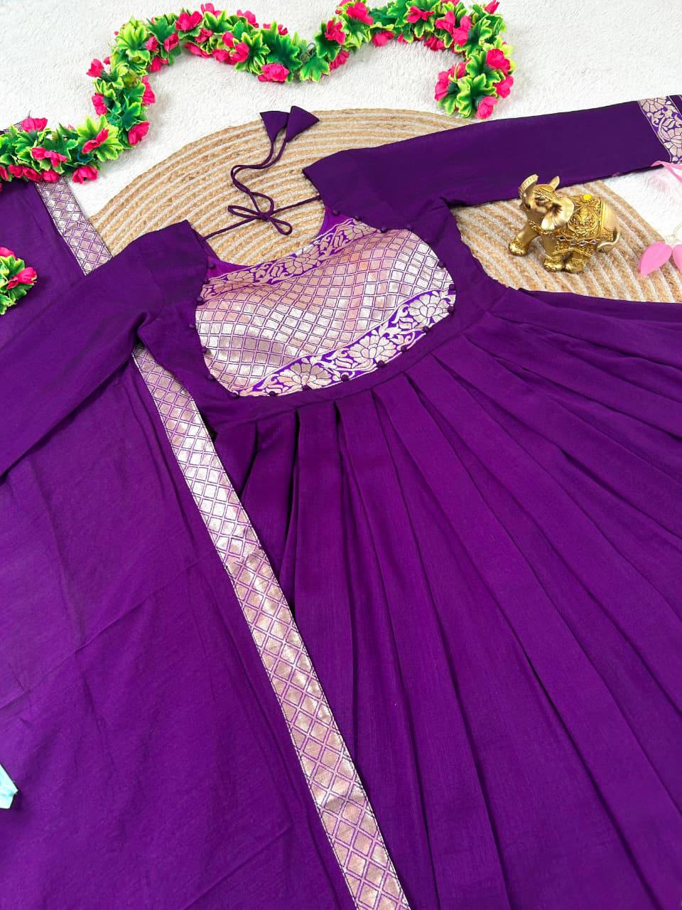 Royal Trio Contrast Vichitra Silk Flared Gown Set with Voni Dupatta