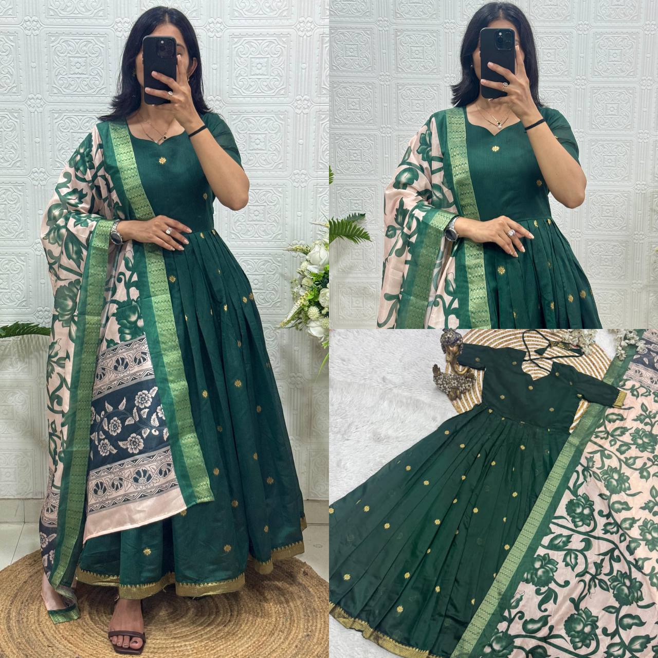 Trendy Jacquard Weaving Zari Butti Gown Set with Soft Silk Zari Dupatta