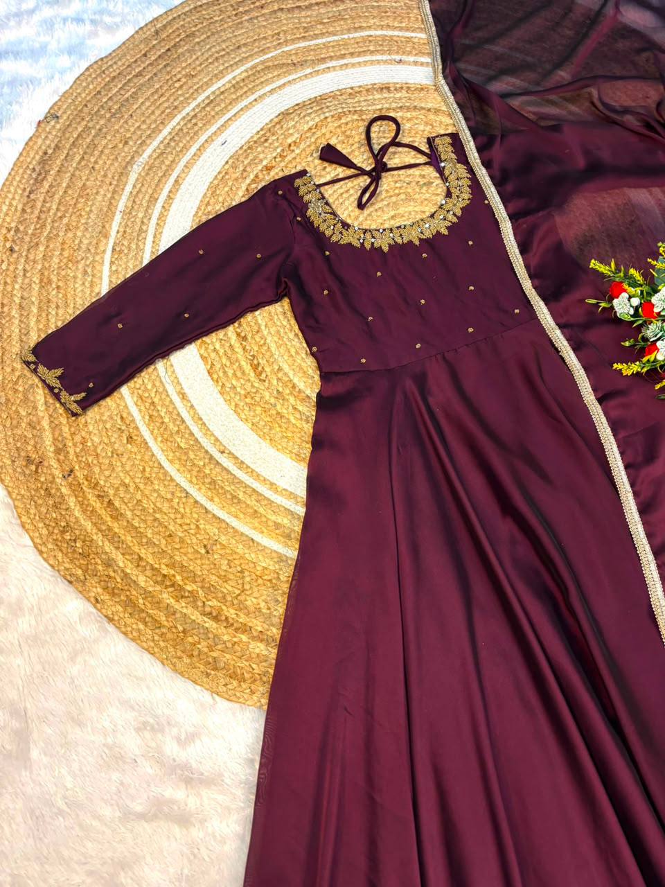 Hand Work Rangoli Silk Extra Flared Gown Set with Matching Lace Dupatta
