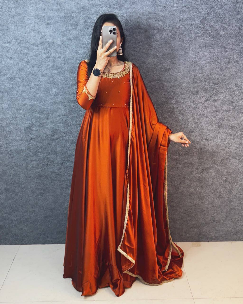 Hand Work Rangoli Silk Extra Flared Gown Set with Matching Lace Dupatta