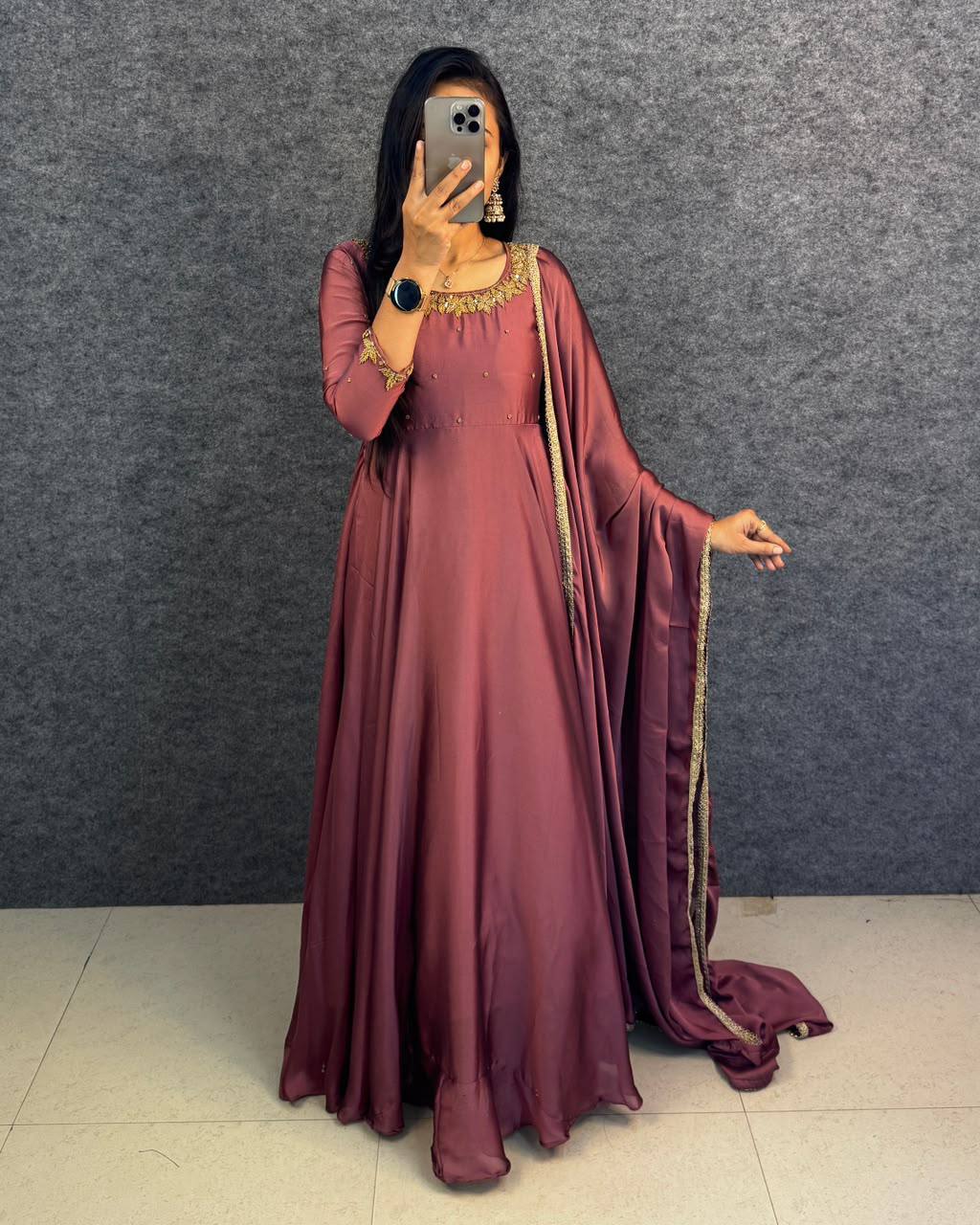 Hand Work Rangoli Silk Extra Flared Gown Set with Matching Lace Dupatta