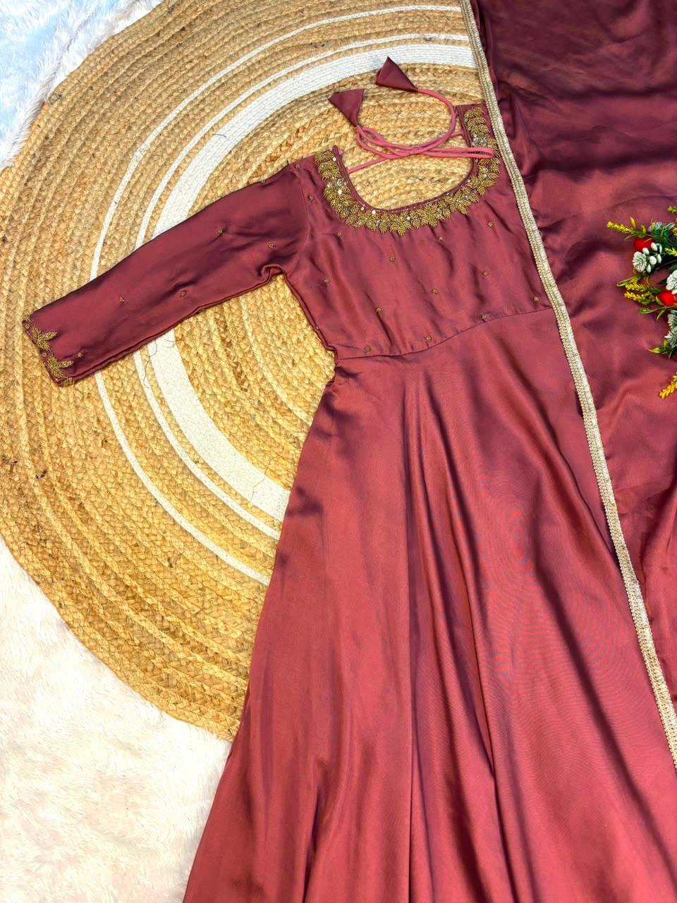 Hand Work Rangoli Silk Extra Flared Gown Set with Matching Lace Dupatta