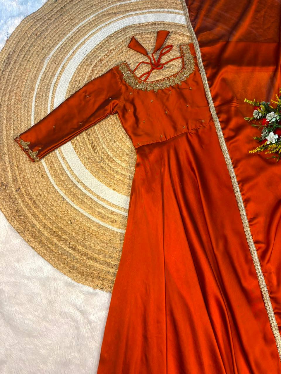 Hand Work Rangoli Silk Extra Flared Gown Set with Matching Lace Dupatta