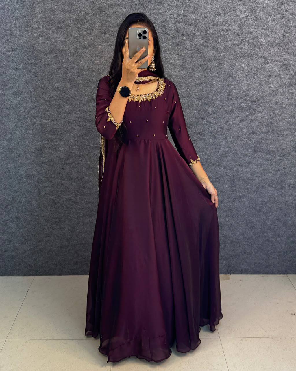 Hand Work Rangoli Silk Extra Flared Gown Set with Matching Lace Dupatta
