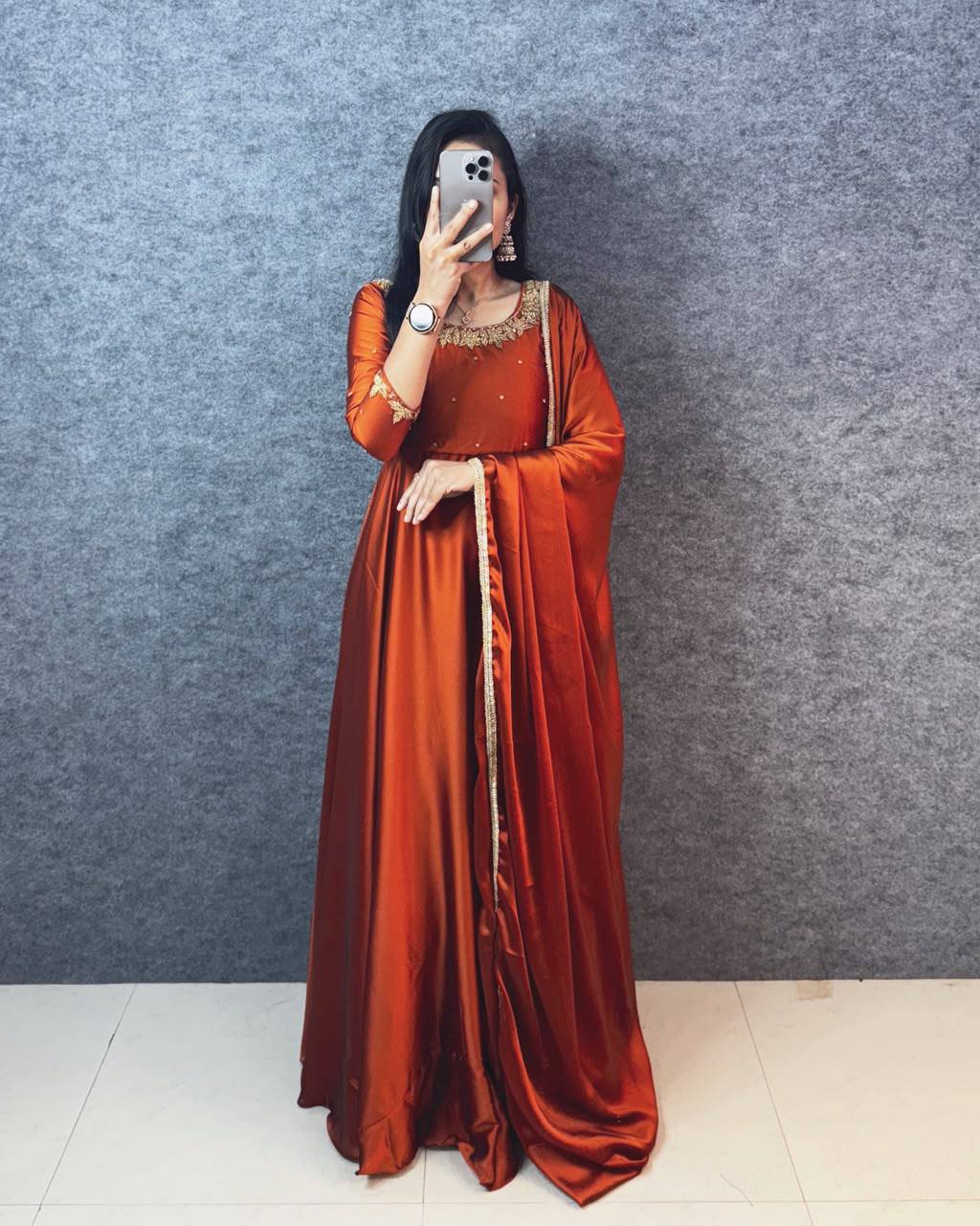 Hand Work Rangoli Silk Extra Flared Gown Set with Matching Lace Dupatta