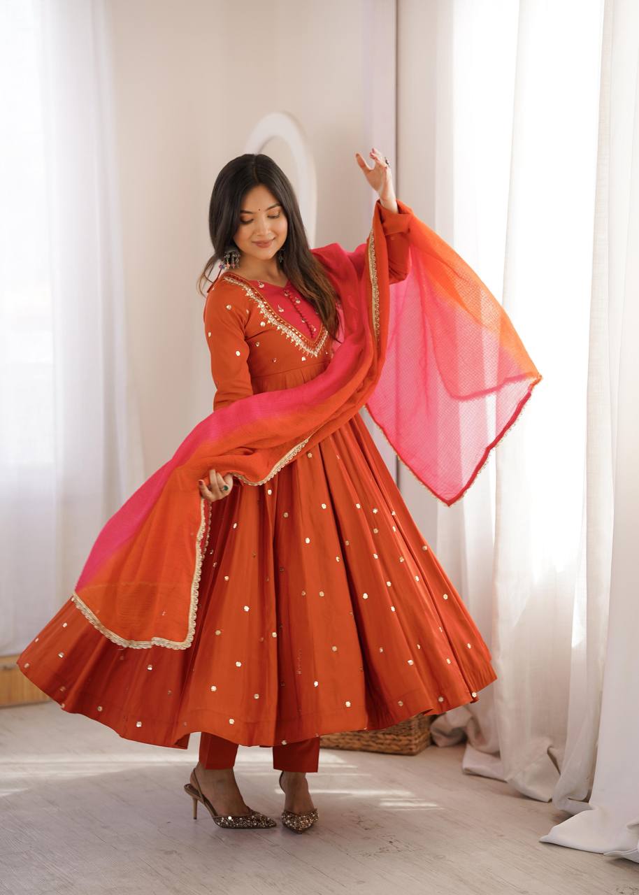 Elegant Embroidered Sequence With Real Mirror Designer Anarkali Three Piece Set