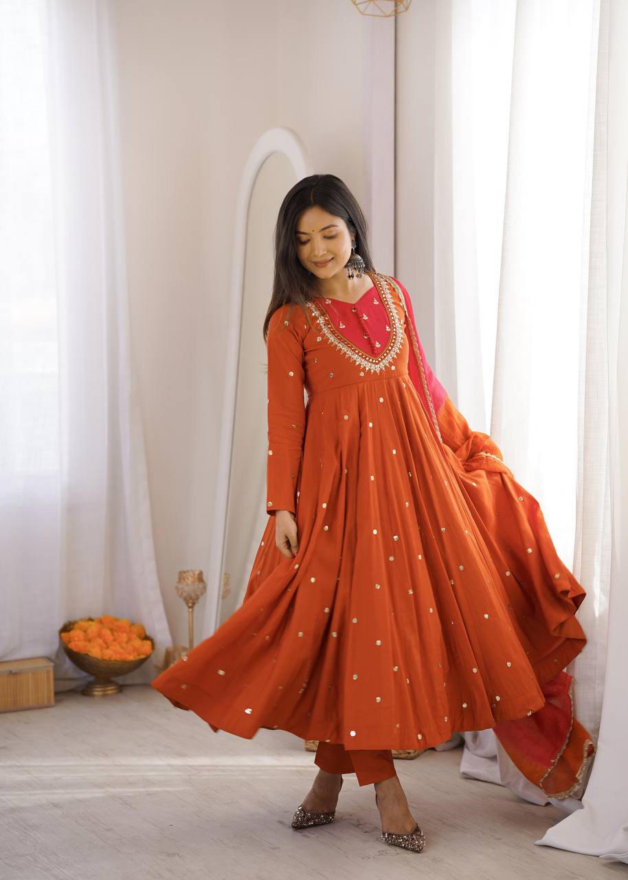 Elegant Embroidered Sequence With Real Mirror Designer Anarkali Three Piece Set