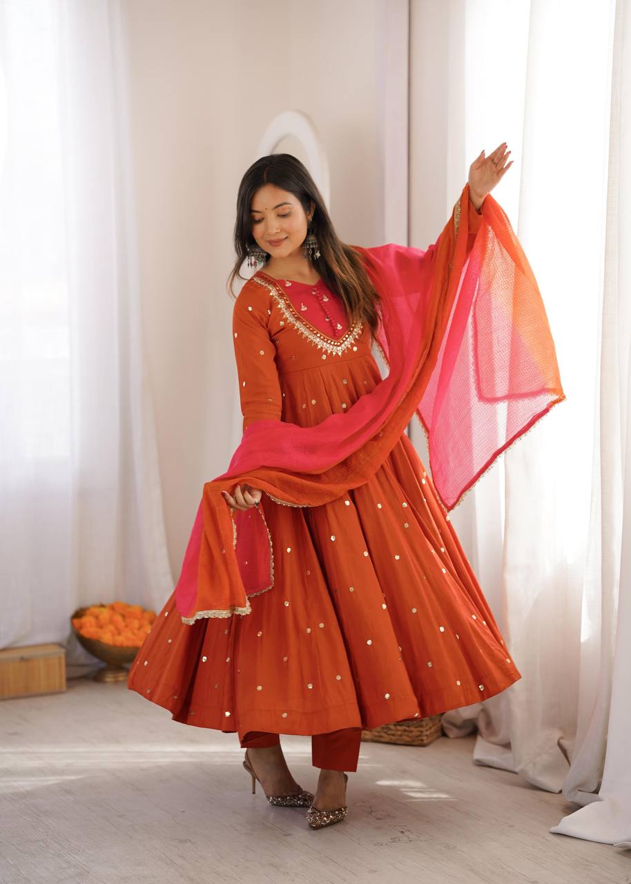 Elegant Embroidered Sequence With Real Mirror Designer Anarkali Three Piece Set