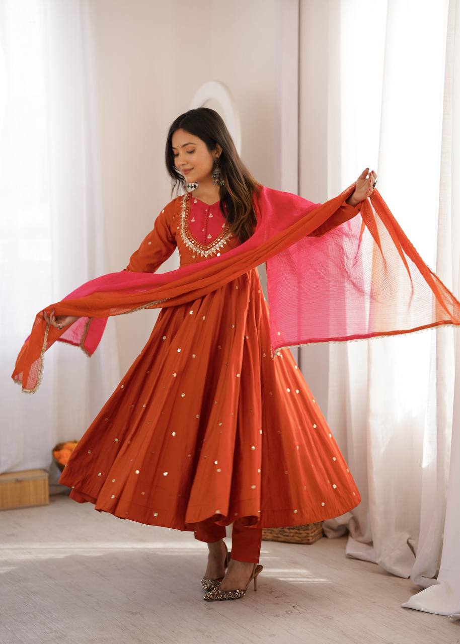 Elegant Embroidered Sequence With Real Mirror Designer Anarkali Three Piece Set