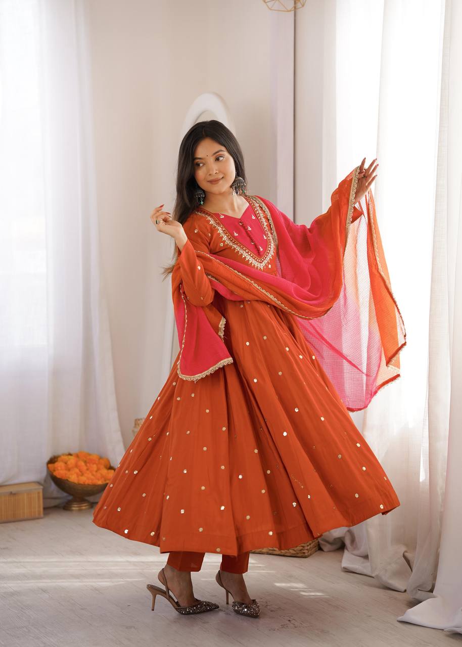 Elegant Embroidered Sequence With Real Mirror Designer Anarkali Three Piece Set