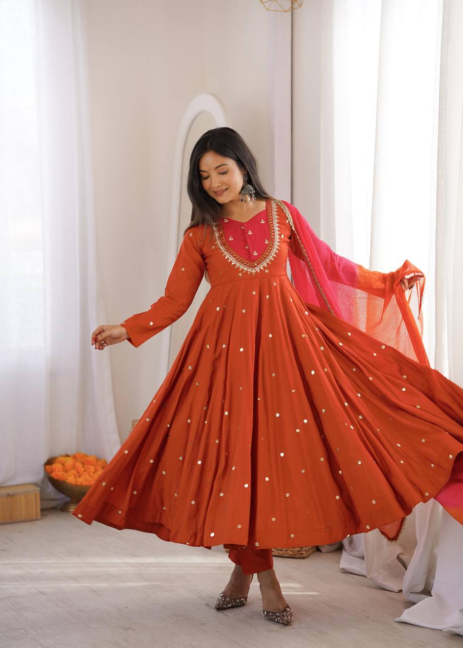 Elegant Embroidered Sequence With Real Mirror Designer Anarkali Three Piece Set