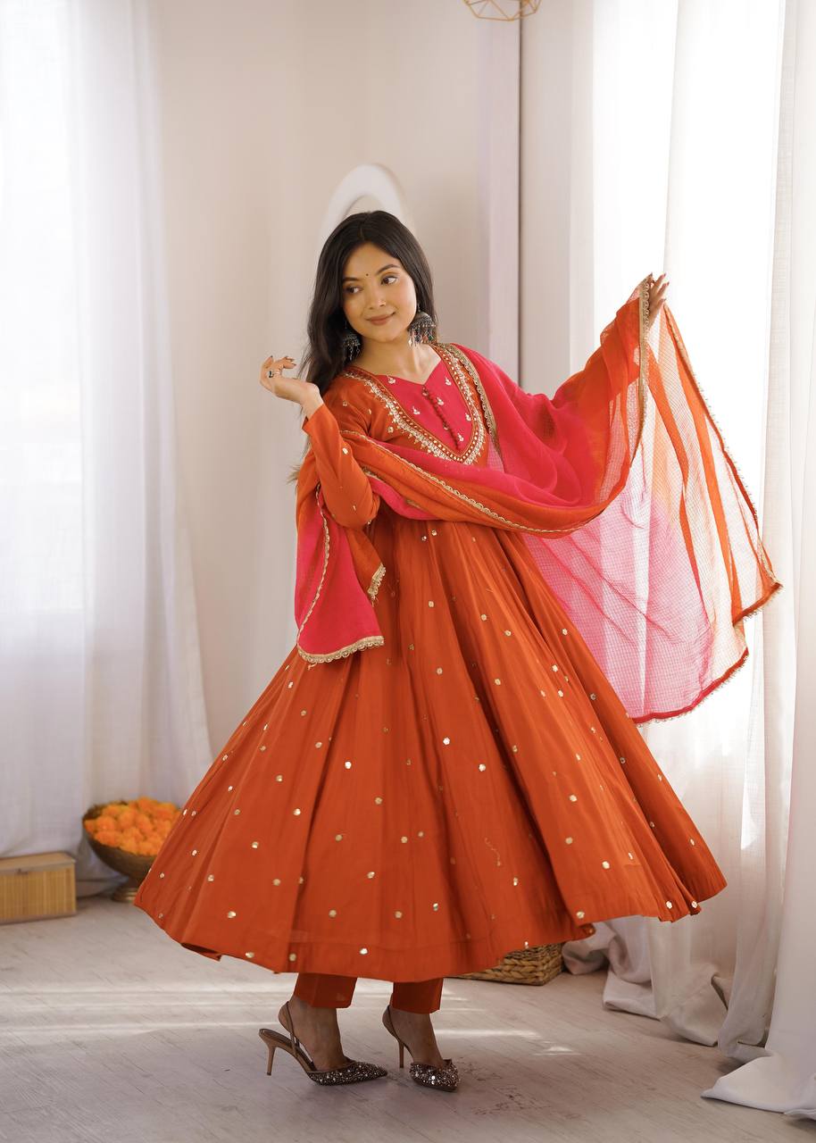 Elegant Embroidered Sequence With Real Mirror Designer Anarkali Three Piece Set