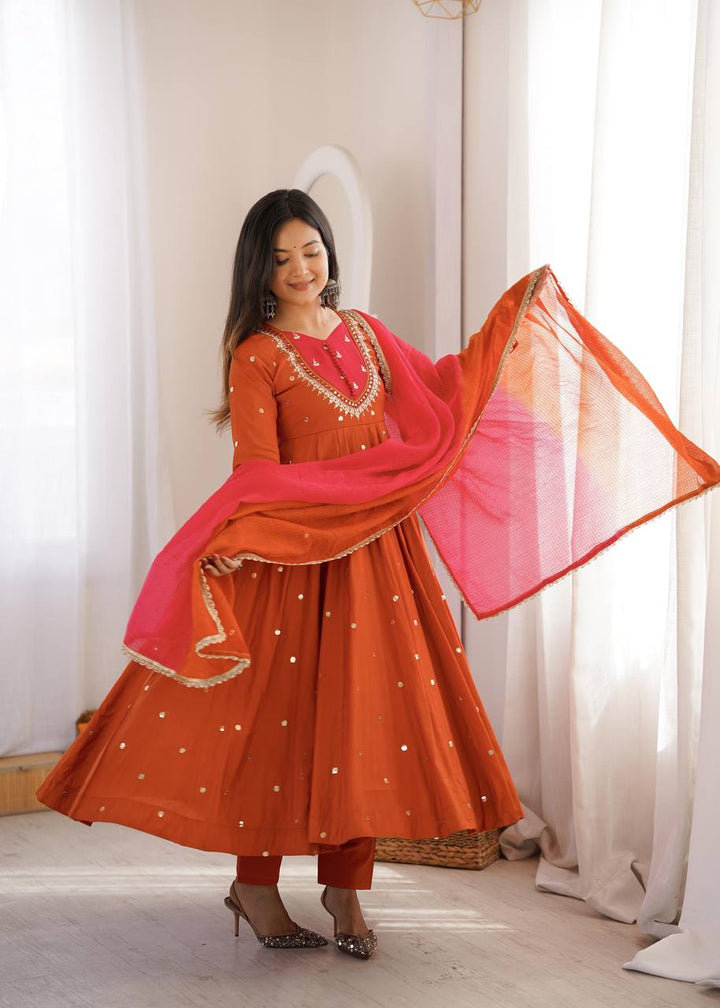 Elegant Embroidered Sequence With Real Mirror Designer Anarkali Three Piece Set