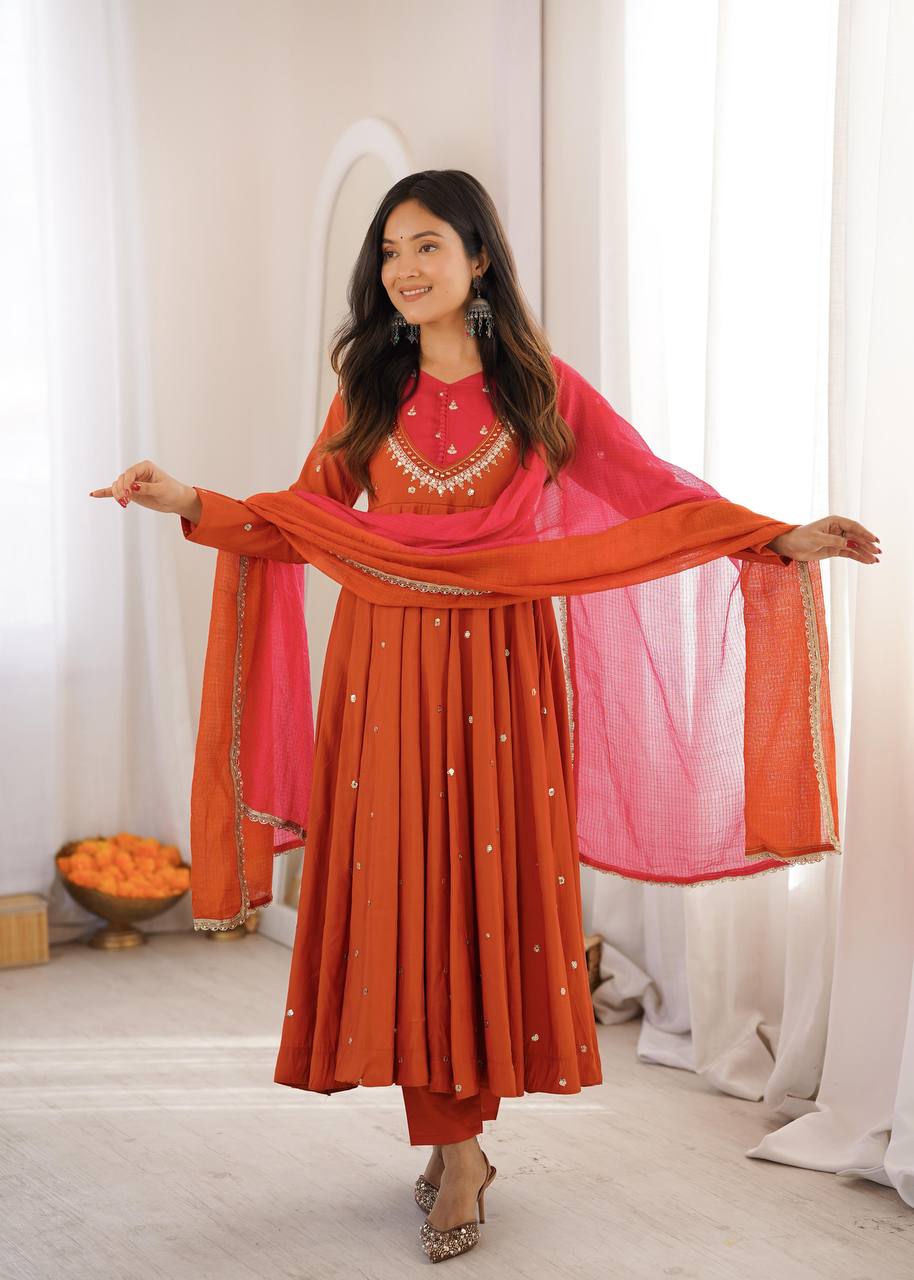 Elegant Embroidered Sequence With Real Mirror Designer Anarkali Three Piece Set