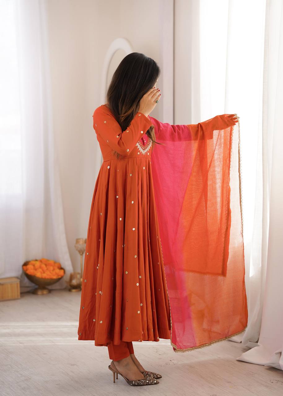 Elegant Embroidered Sequence With Real Mirror Designer Anarkali Three Piece Set
