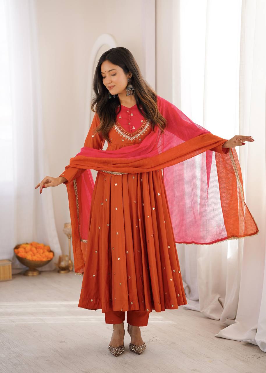Elegant Embroidered Sequence With Real Mirror Designer Anarkali Three Piece Set