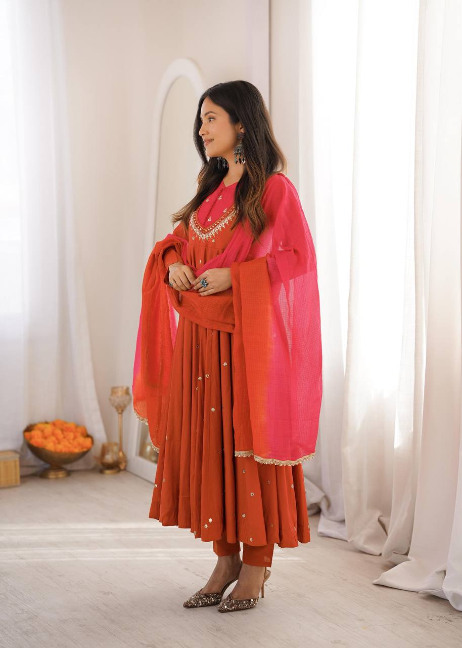 Elegant Embroidered Sequence With Real Mirror Designer Anarkali Three Piece Set