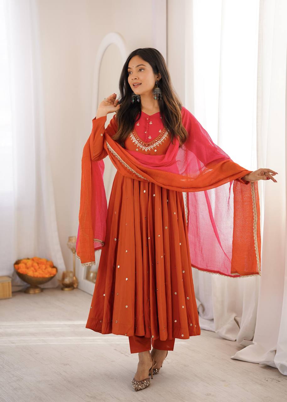 Elegant Embroidered Sequence With Real Mirror Designer Anarkali Three Piece Set