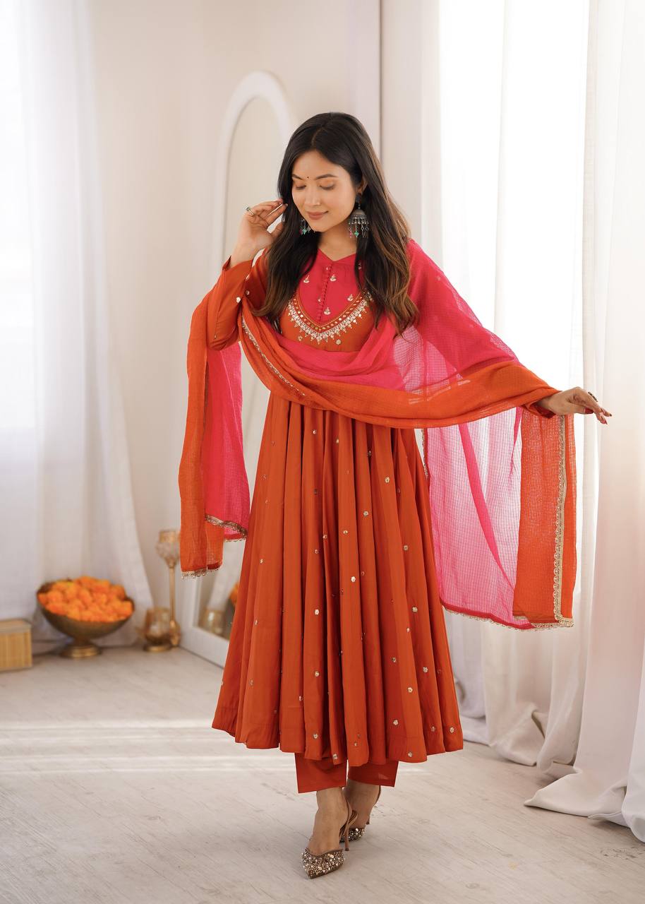 Elegant Embroidered Sequence With Real Mirror Designer Anarkali Three Piece Set